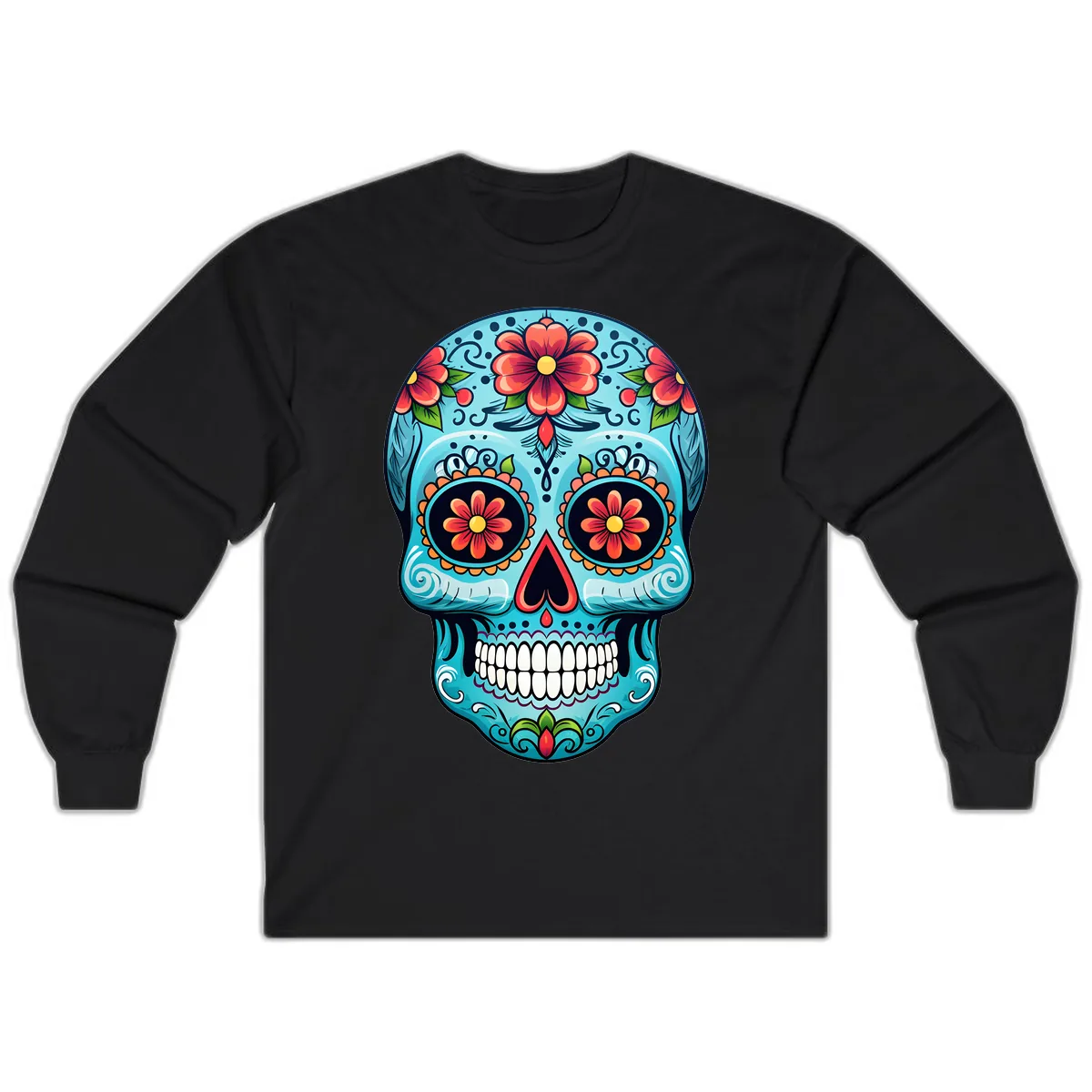 Vibrant Floral Day of the Dead Sugar Skull Calavera Long Sleeve in Black