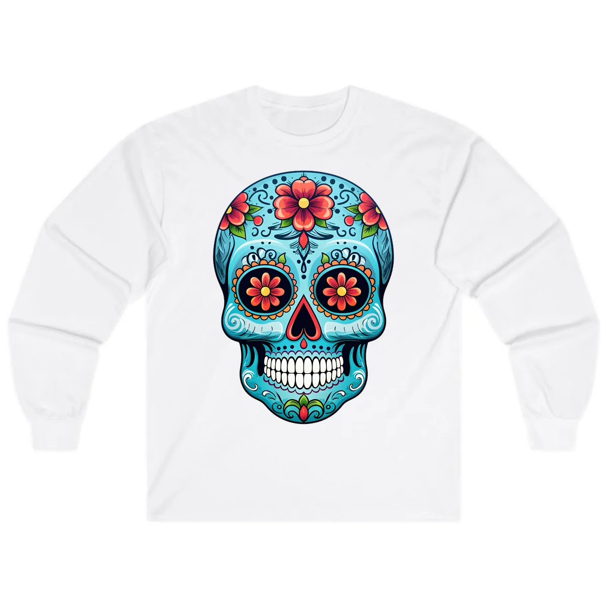 Vibrant Floral Day of the Dead Sugar Skull Calavera Long Sleeve in White