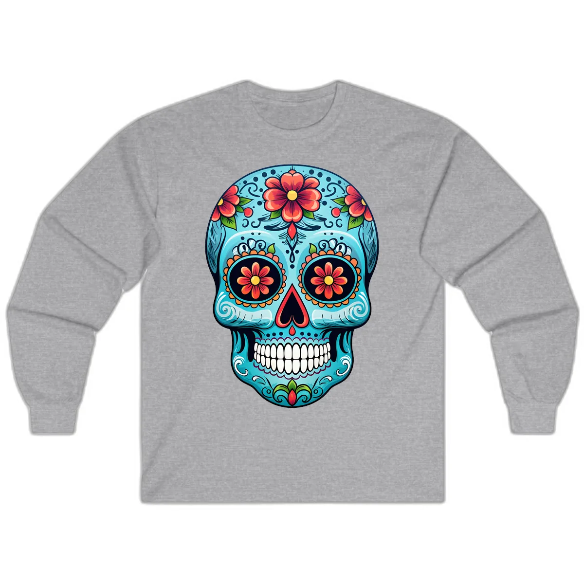 Vibrant Floral Day of the Dead Sugar Skull Calavera Long Sleeve in Sport Grey