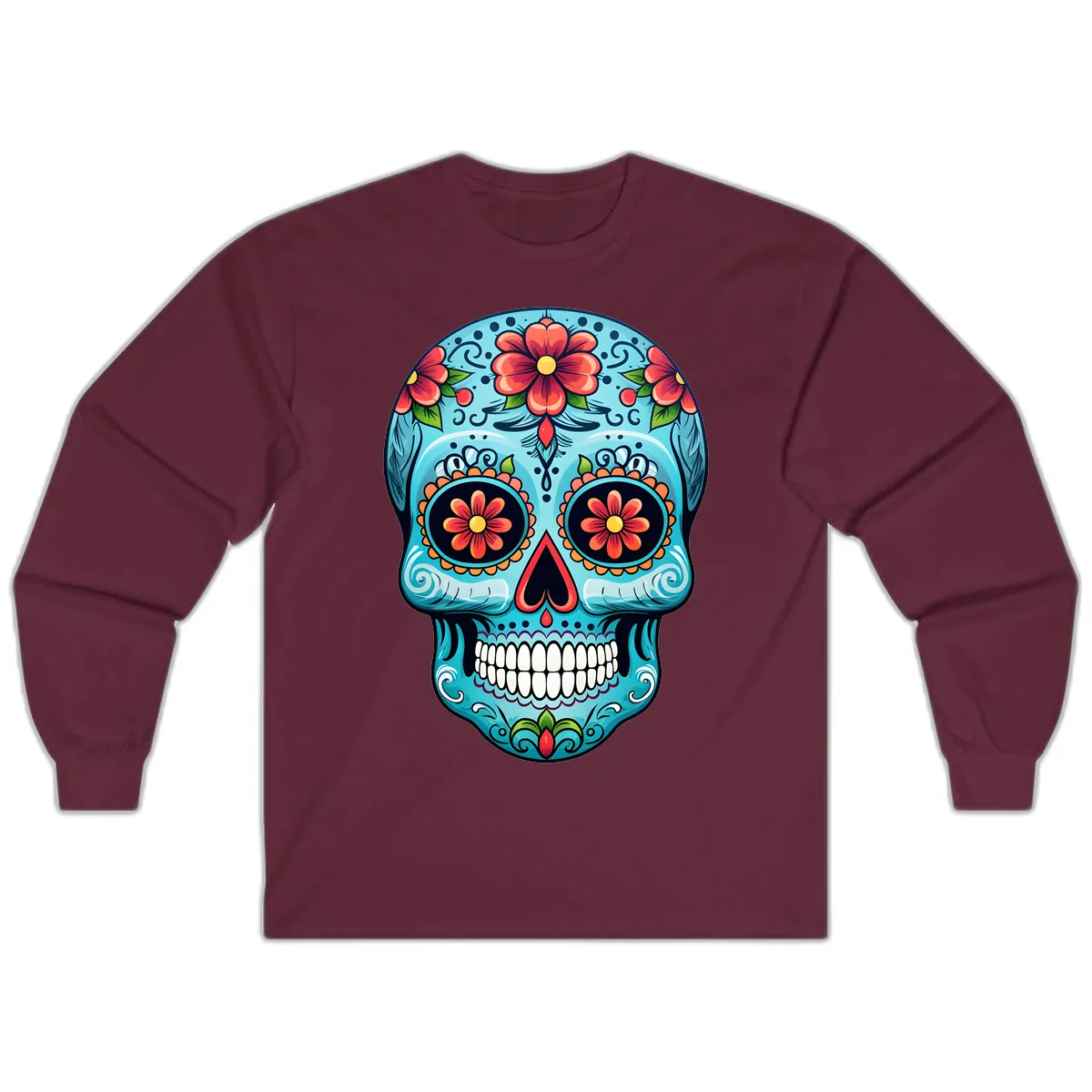 Vibrant Floral Day of the Dead Sugar Skull Calavera Long Sleeve in Maroon