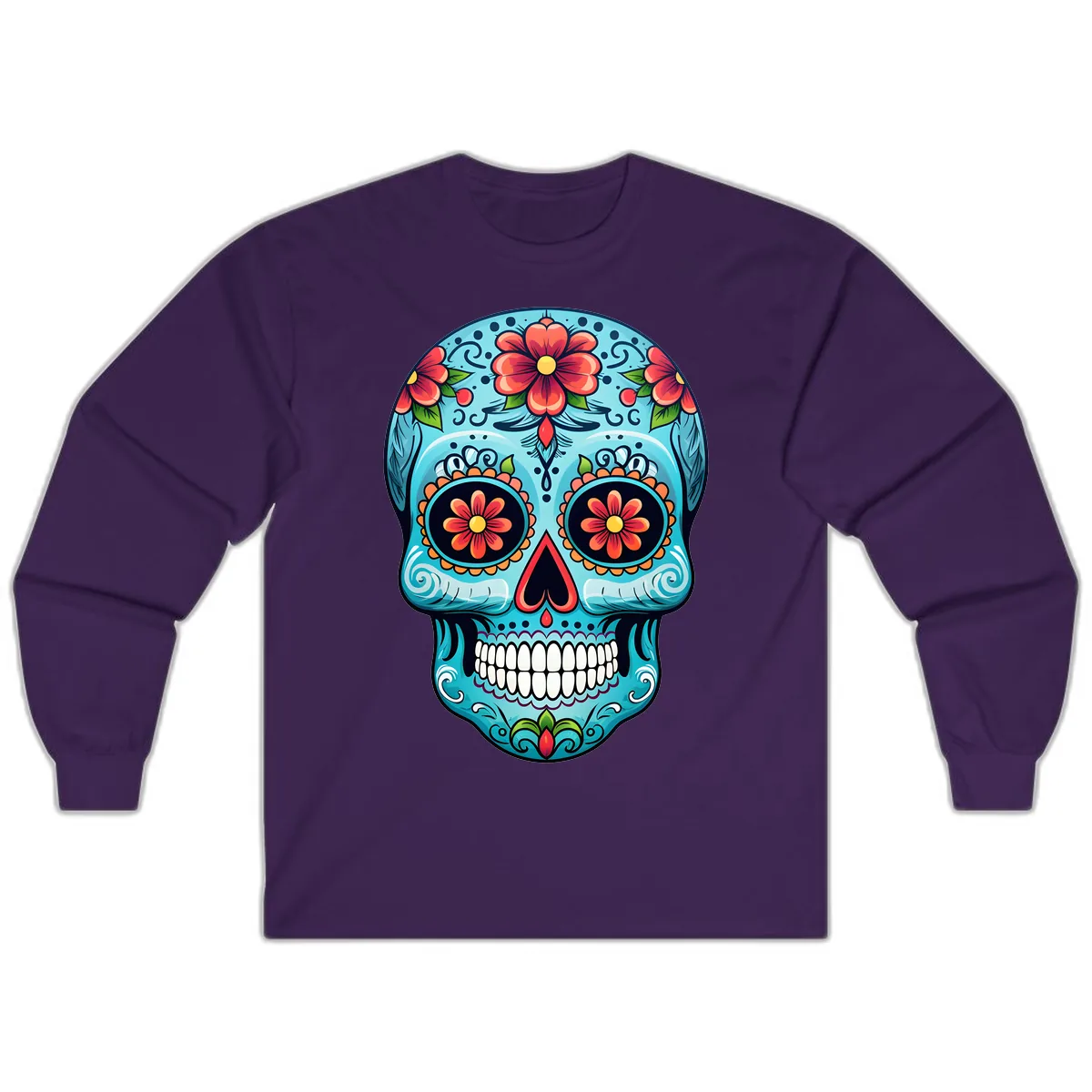 Vibrant Floral Day of the Dead Sugar Skull Calavera Long Sleeve in Purple