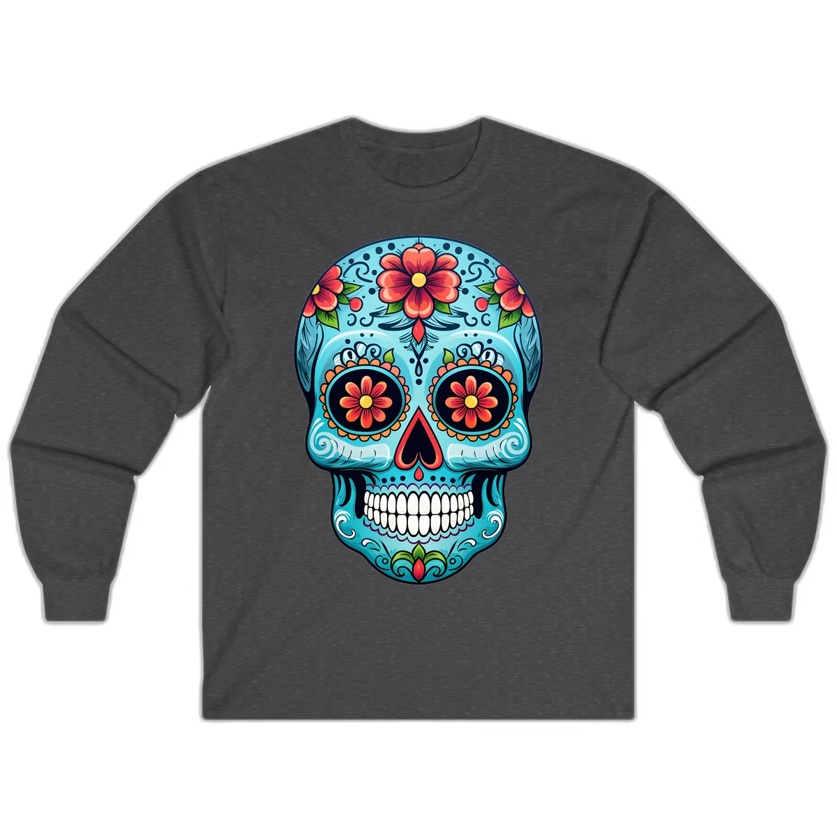 Vibrant Floral Day of the Dead Sugar Skull Calavera Long Sleeve in Dark Heather