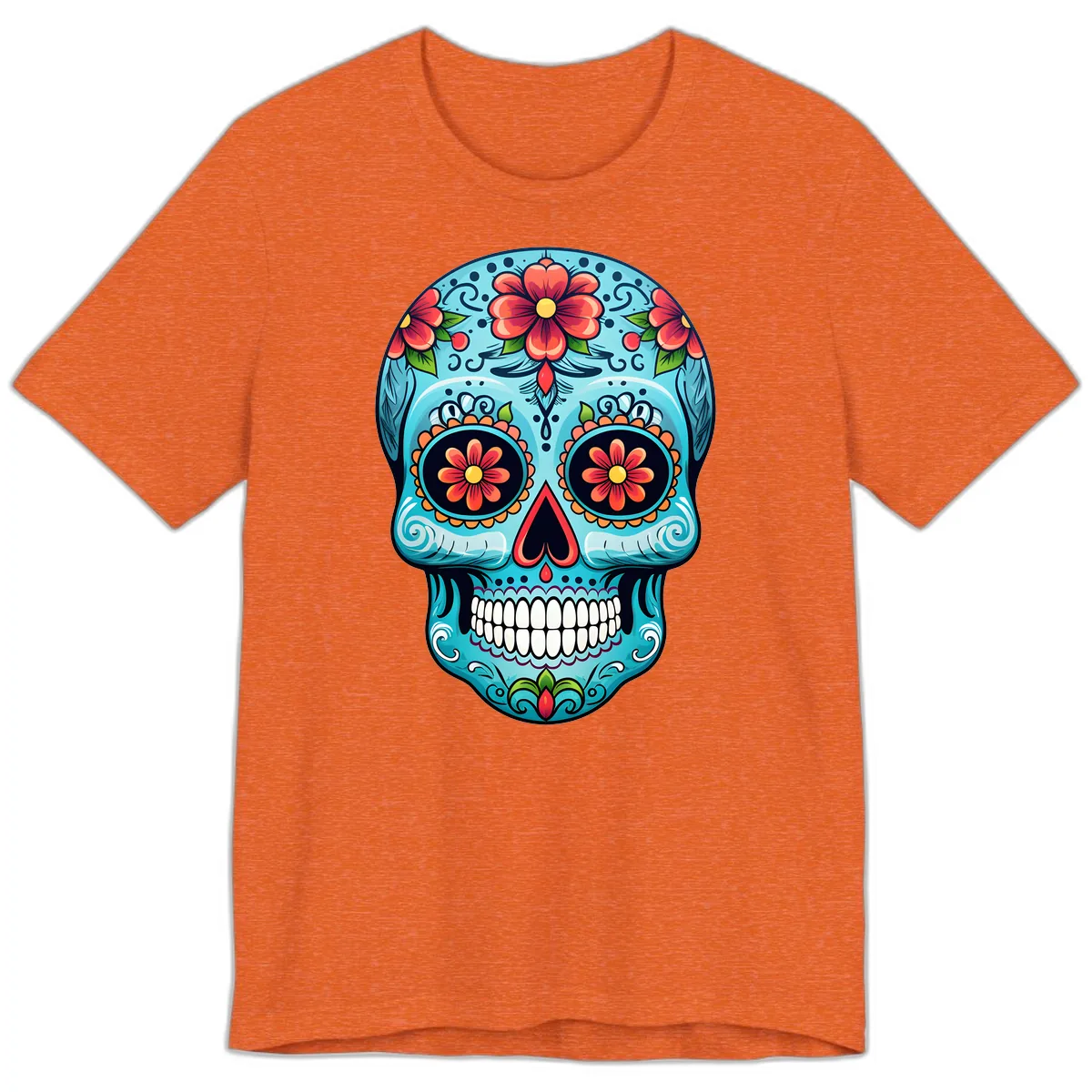 Vibrant Floral Day of the Dead Sugar Skull Calavera Premium T-Shirt in Heather Orange