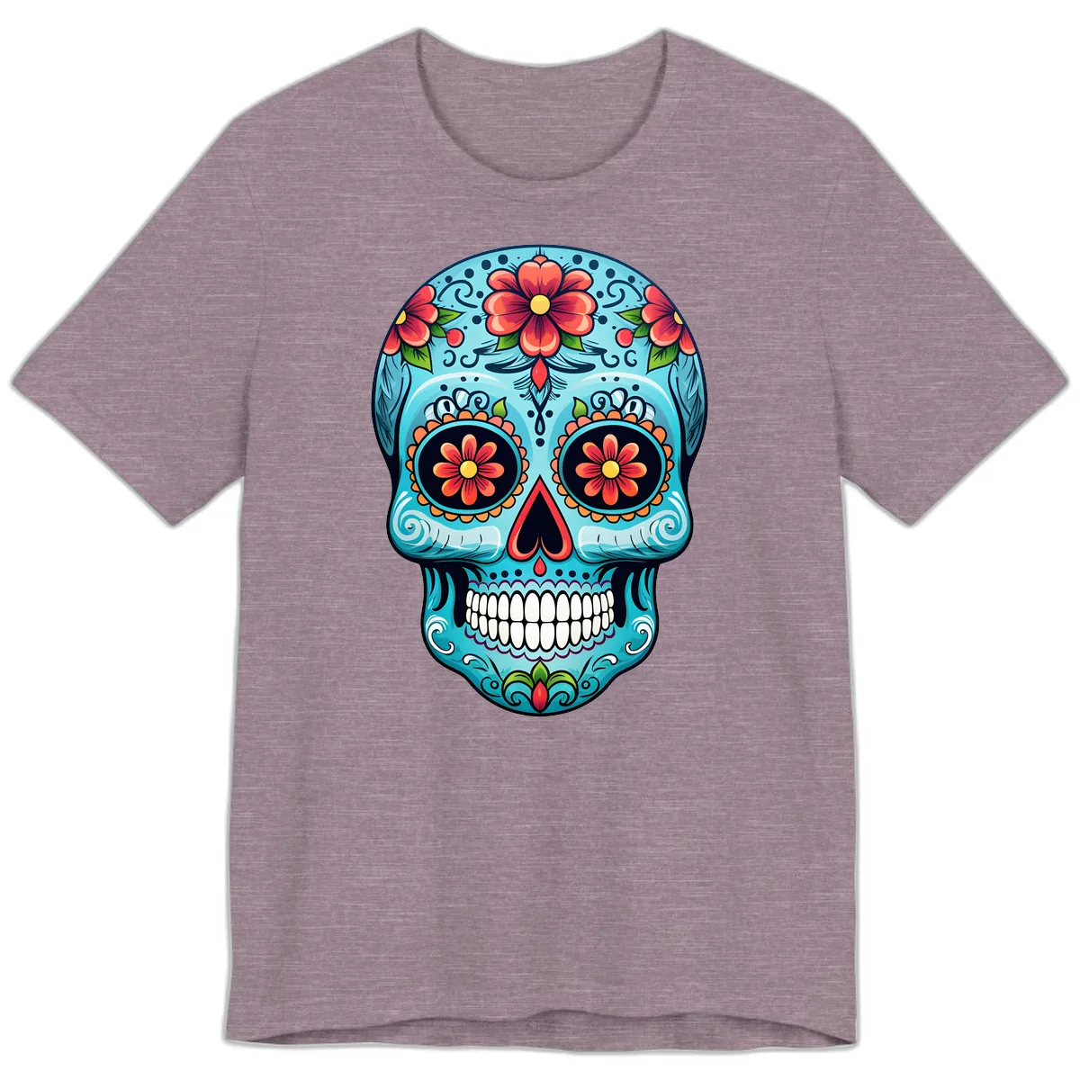 Vibrant Floral Day of the Dead Sugar Skull Calavera Premium T-Shirt in Heather Purple