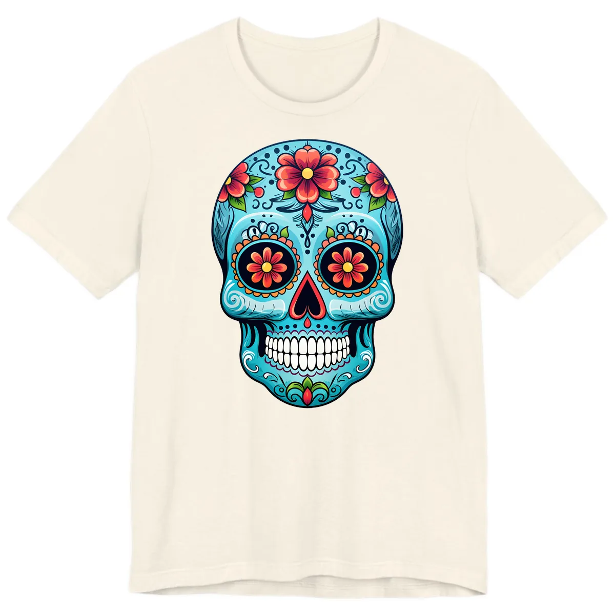 Vibrant Floral Day of the Dead Sugar Skull Calavera Premium T-Shirt in Natural