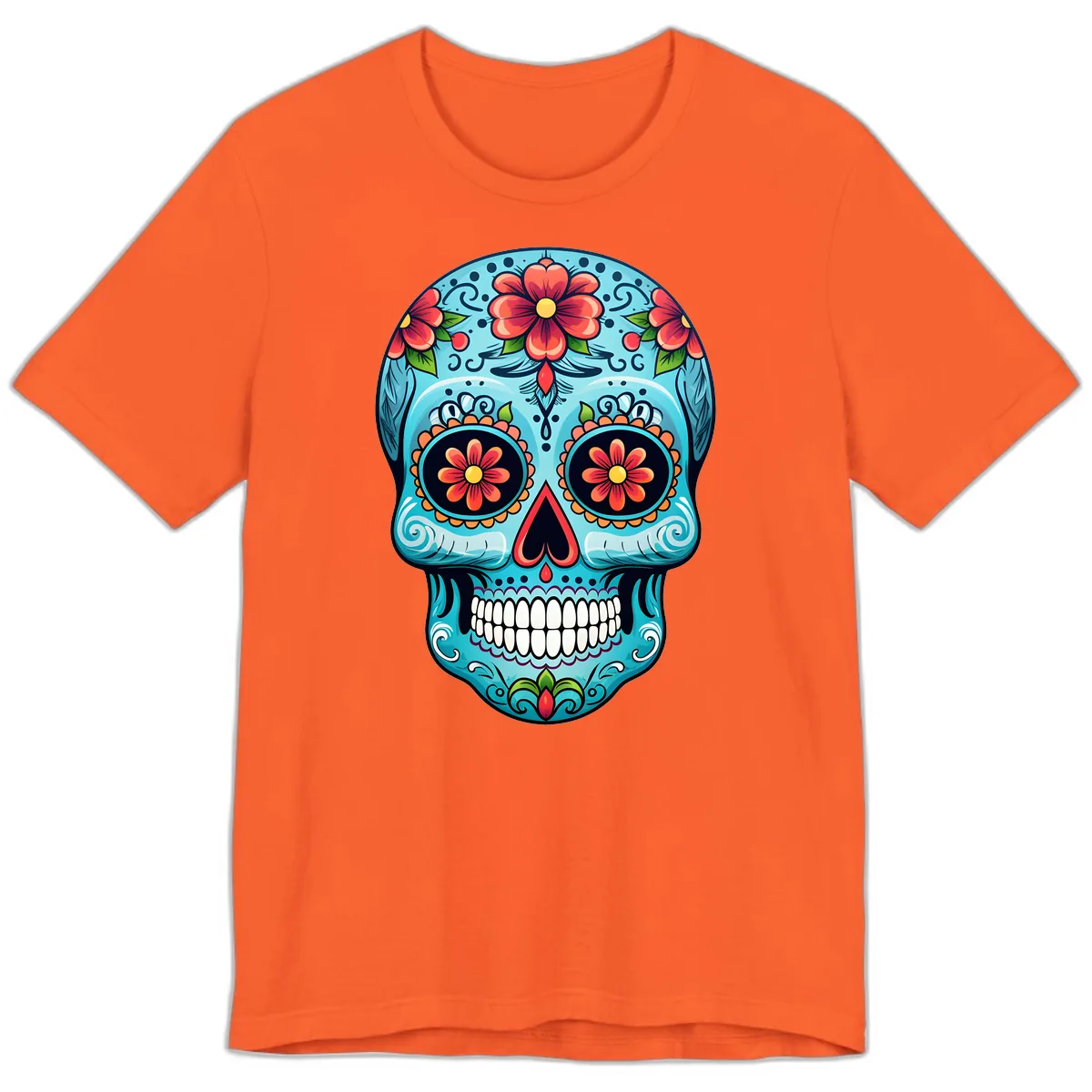 Vibrant Floral Day of the Dead Sugar Skull Calavera Premium T-Shirt in Orange