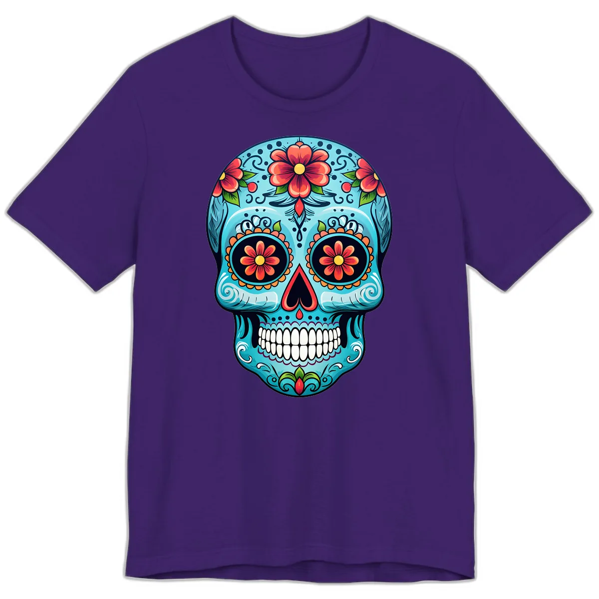 Vibrant Floral Day of the Dead Sugar Skull Calavera Premium T-Shirt in Team Purple