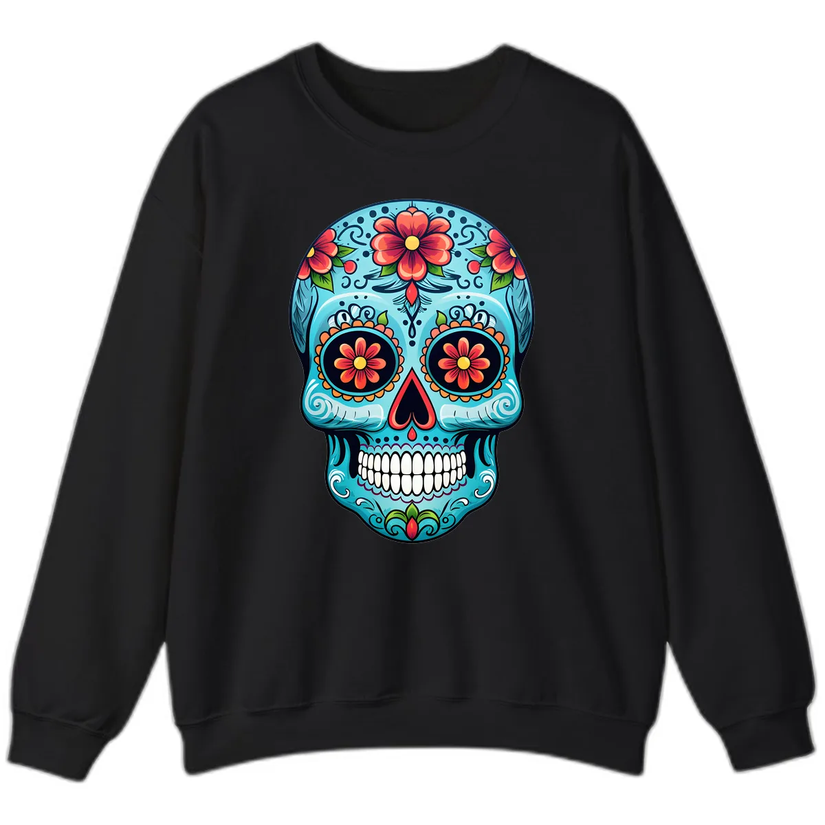 Vibrant Floral Day of the Dead Sugar Skull Calavera Sweatshirt in Black