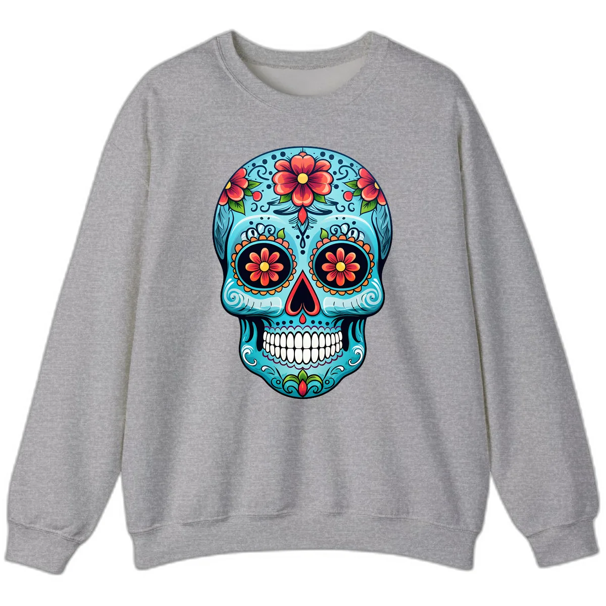 Vibrant Floral Day of the Dead Sugar Skull Calavera Sweatshirt in Sport Grey