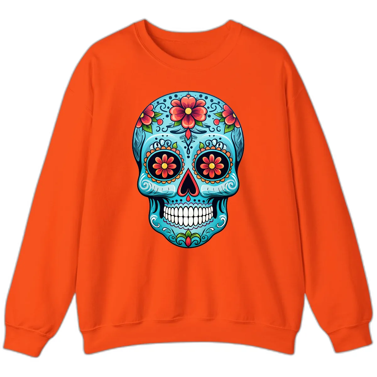 Vibrant Floral Day of the Dead Sugar Skull Calavera Sweatshirt in Orange