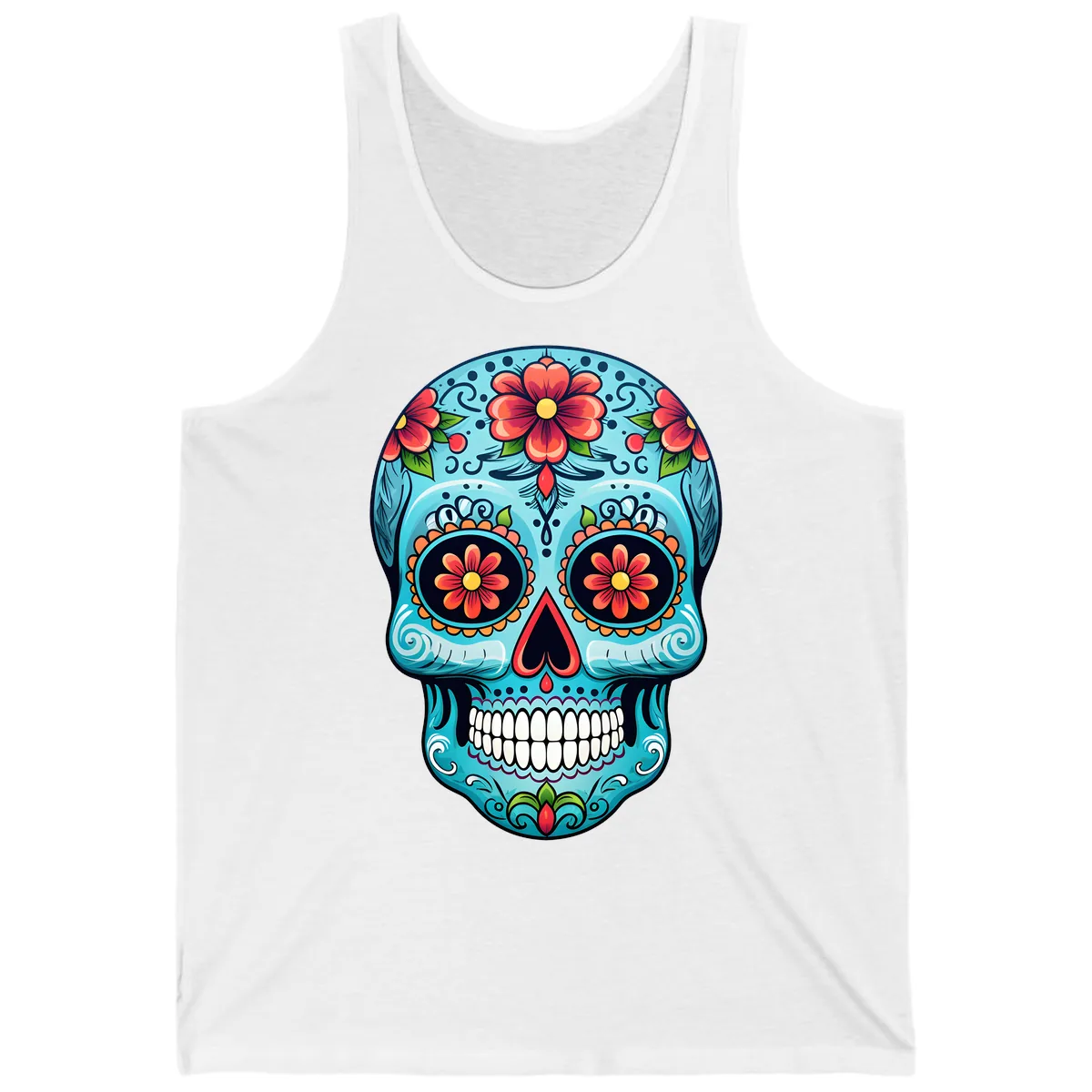 Vibrant Floral Day of the Dead Sugar Skull Calavera Tank in White