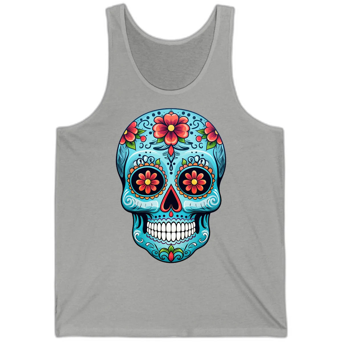 Vibrant Floral Day of the Dead Sugar Skull Calavera Tank in Athletic Heather