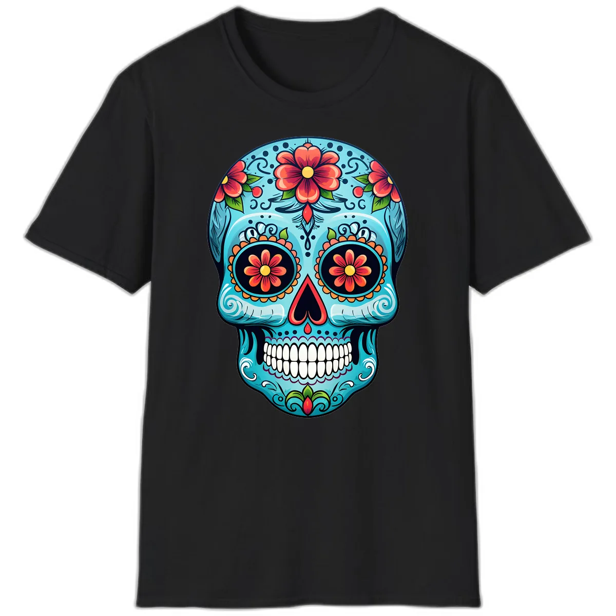 Vibrant Floral Day of the Dead Sugar Skull Calavera T-Shirt in Black