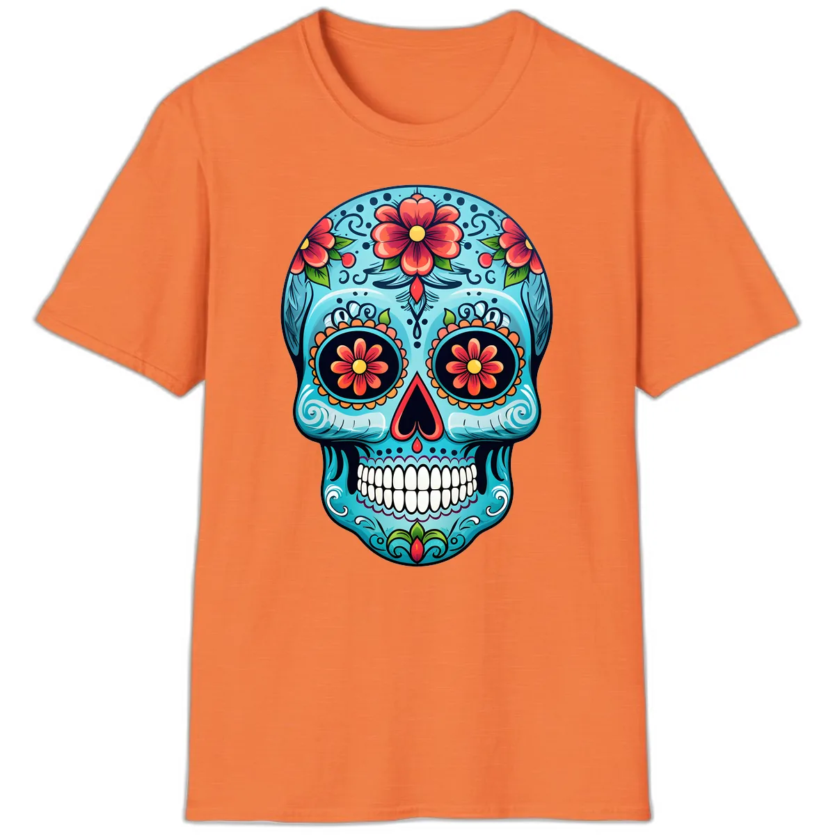 Vibrant Floral Day of the Dead Sugar Skull Calavera T-Shirt in Heather Orange