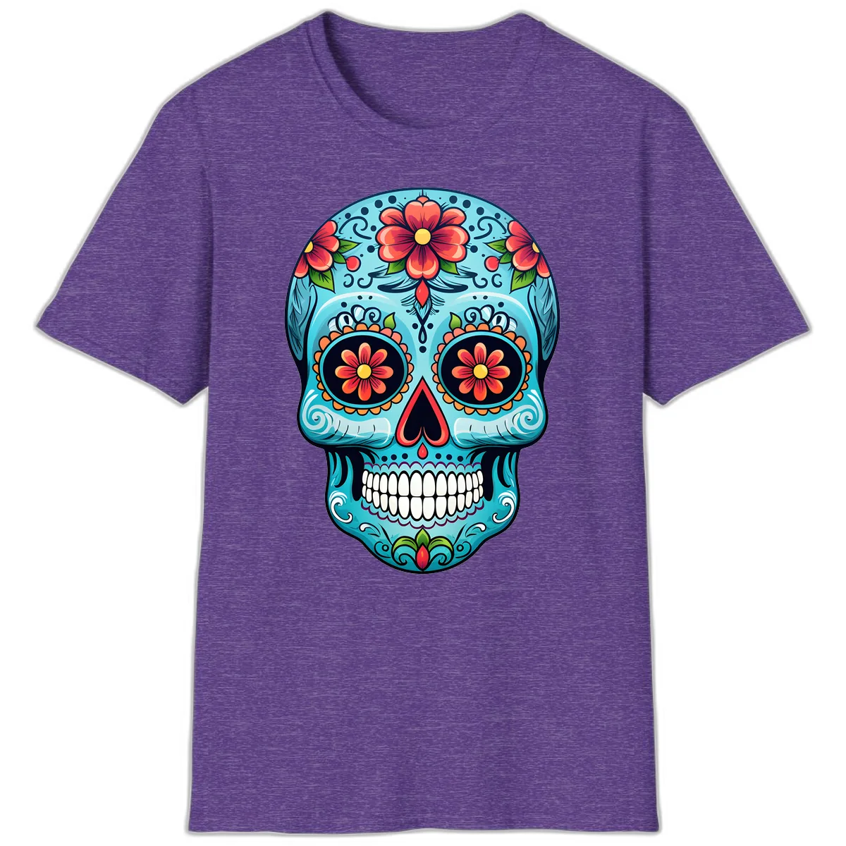 Vibrant Floral Day of the Dead Sugar Skull Calavera T-Shirt in Heather Purple