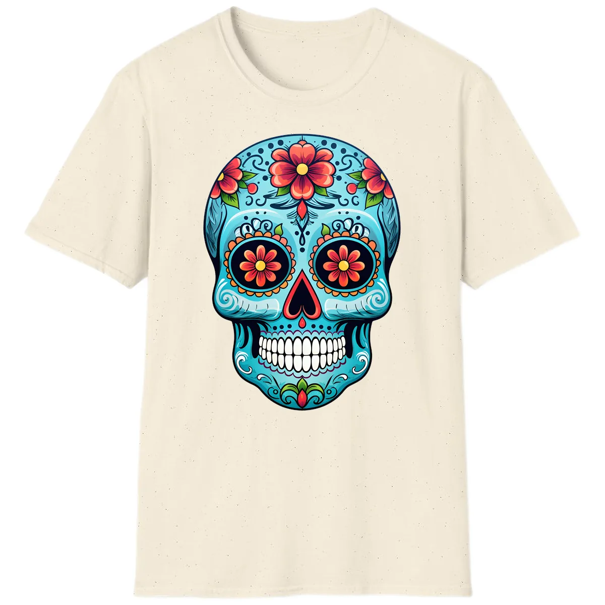 Vibrant Floral Day of the Dead Sugar Skull Calavera T-Shirt in Natural