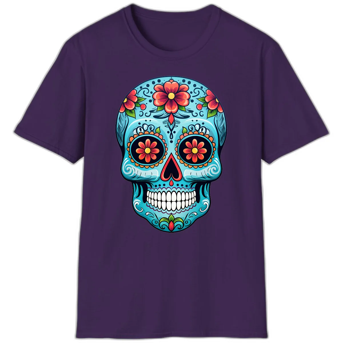 Vibrant Floral Day of the Dead Sugar Skull Calavera T-Shirt in Purple
