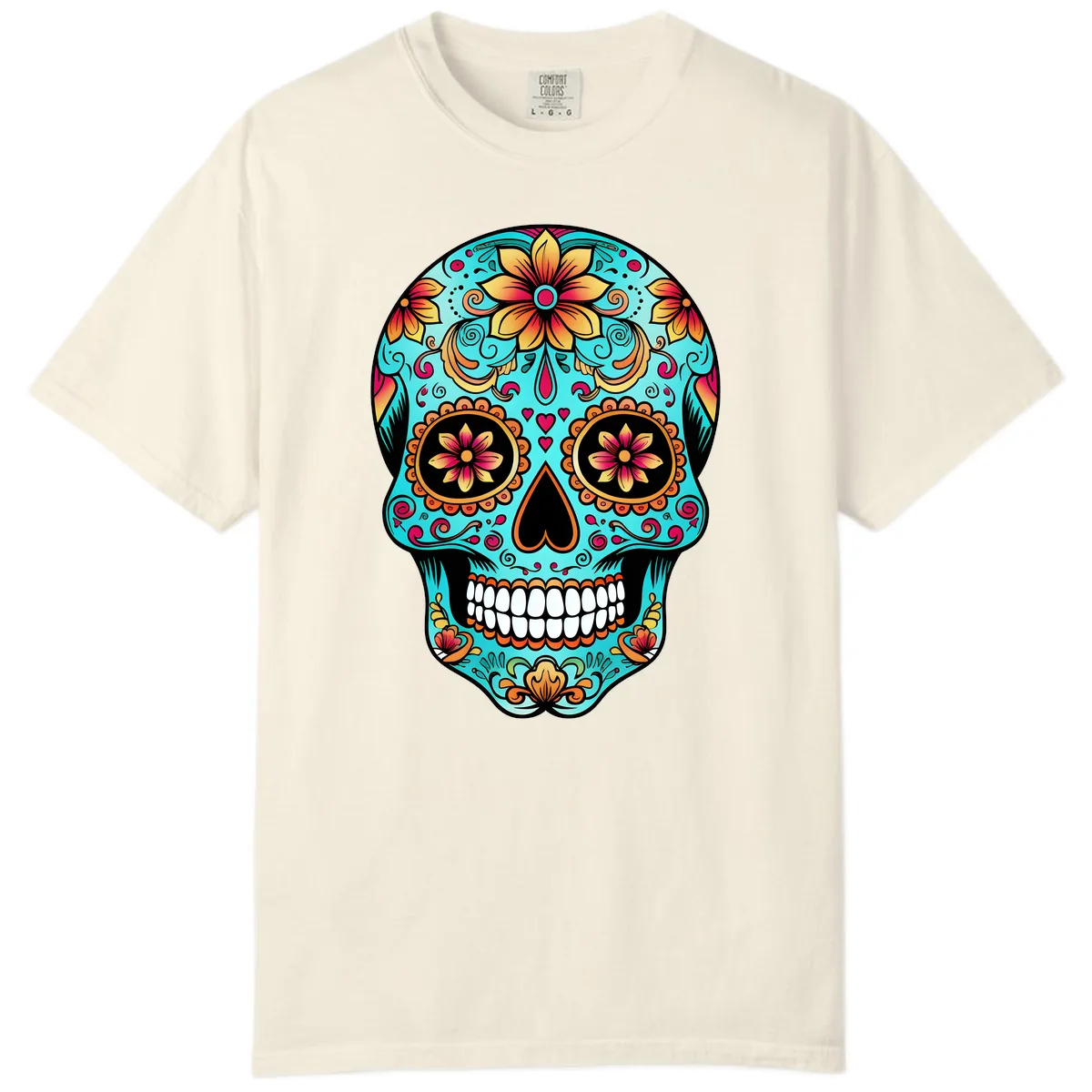 Ornate Floral Calavera Day of the Dead Skull Comfort Color in Ivory