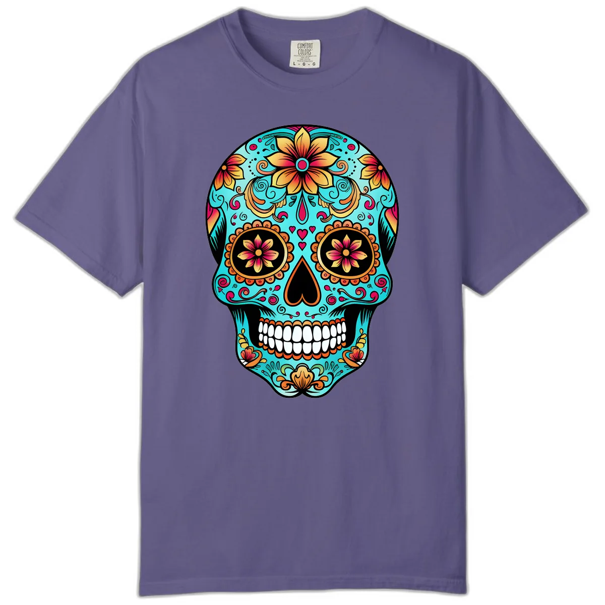Ornate Floral Calavera Day of the Dead Skull Comfort Color in Grape