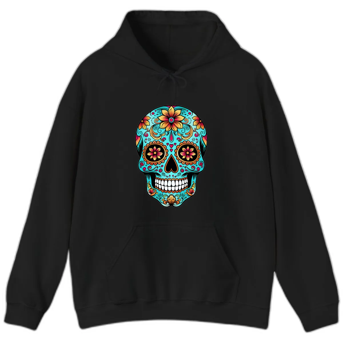 Ornate Floral Calavera Day of the Dead Skull Hoodie in Black