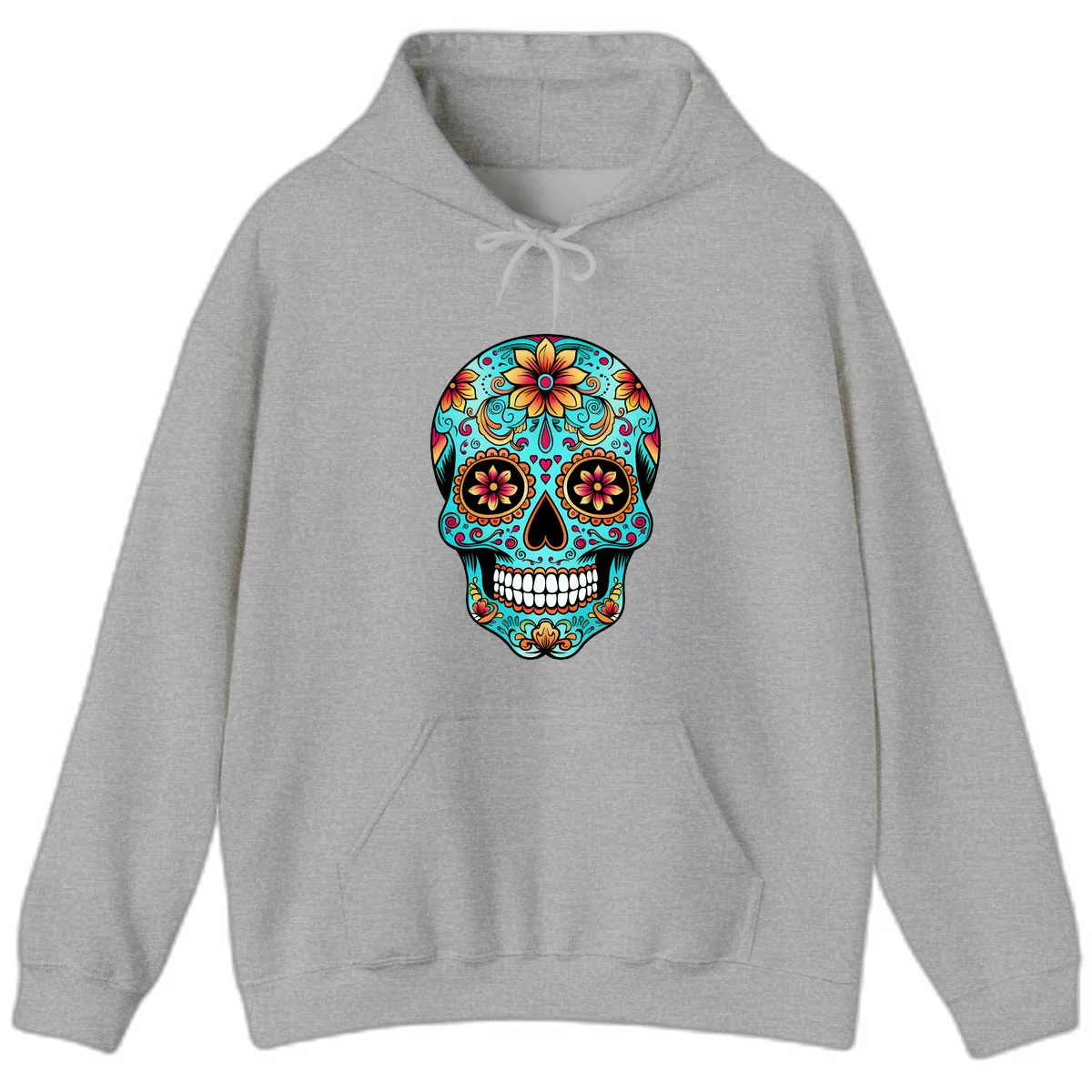 Ornate Floral Calavera Day of the Dead Skull Hoodie in Sport Grey