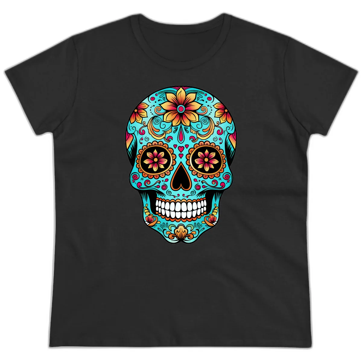 Ornate Floral Calavera Day of the Dead Skull Ladies Tee in Black