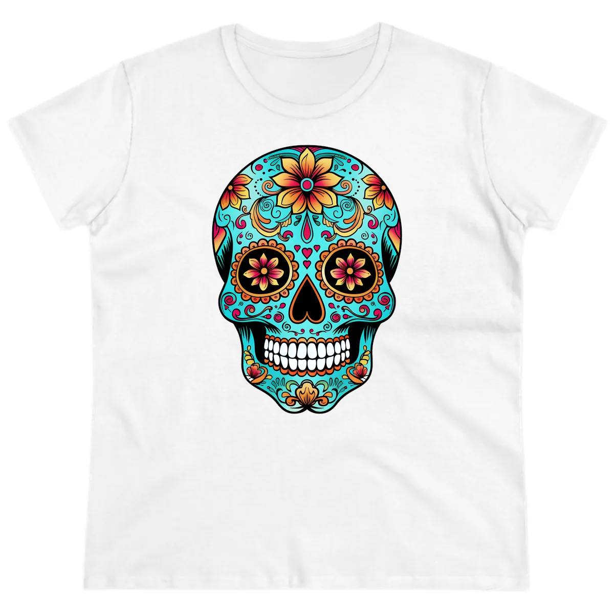 Ornate Floral Calavera Day of the Dead Skull Ladies Tee in White