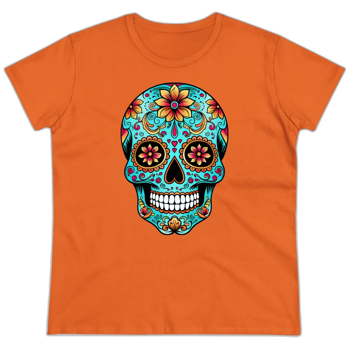 Ornate Floral Calavera Day of the Dead Skull Ladies Tee in Orange