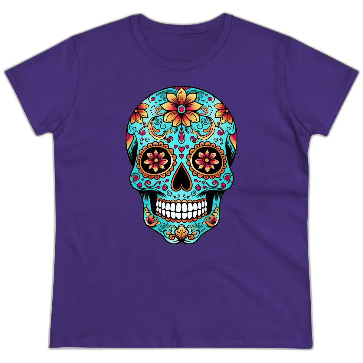 Ornate Floral Calavera Day of the Dead Skull Ladies Tee in Purple
