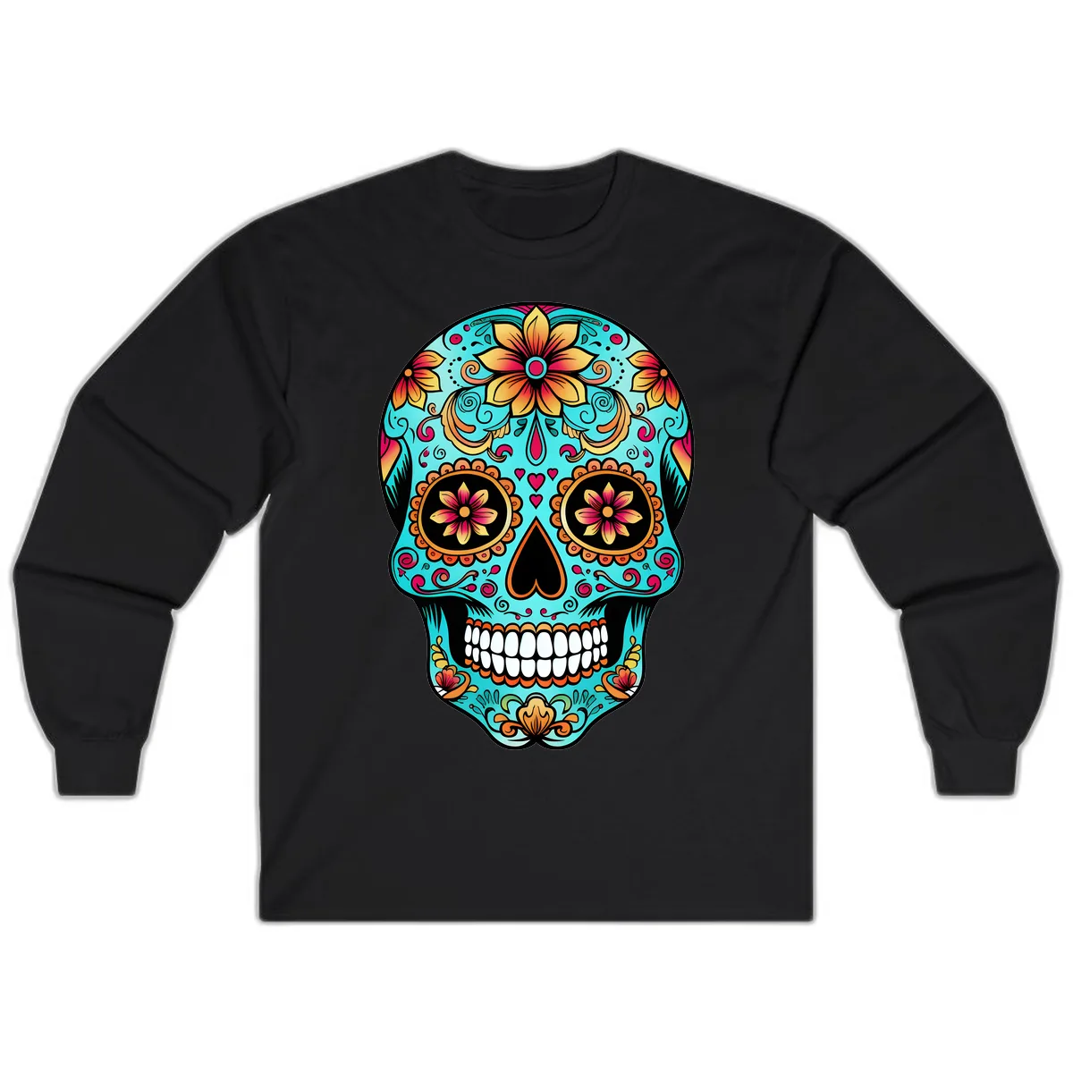 Ornate Floral Calavera Day of the Dead Skull Long Sleeve in Black
