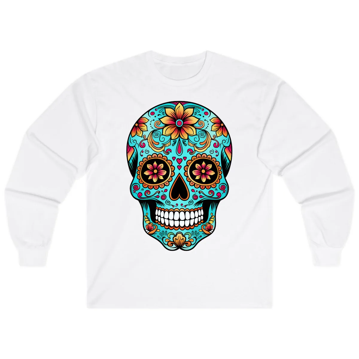 Ornate Floral Calavera Day of the Dead Skull Long Sleeve in White