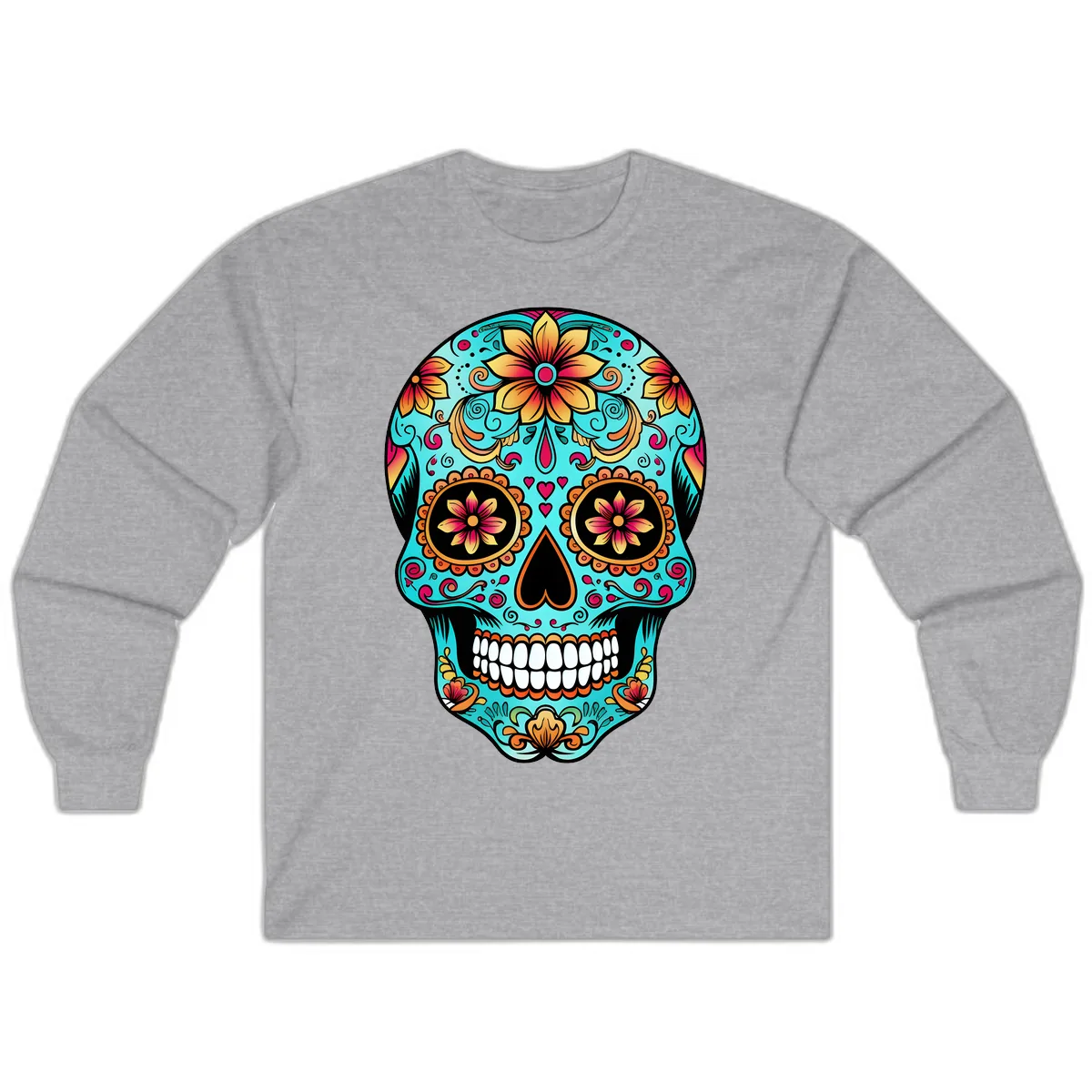 Ornate Floral Calavera Day of the Dead Skull Long Sleeve in Sport Grey