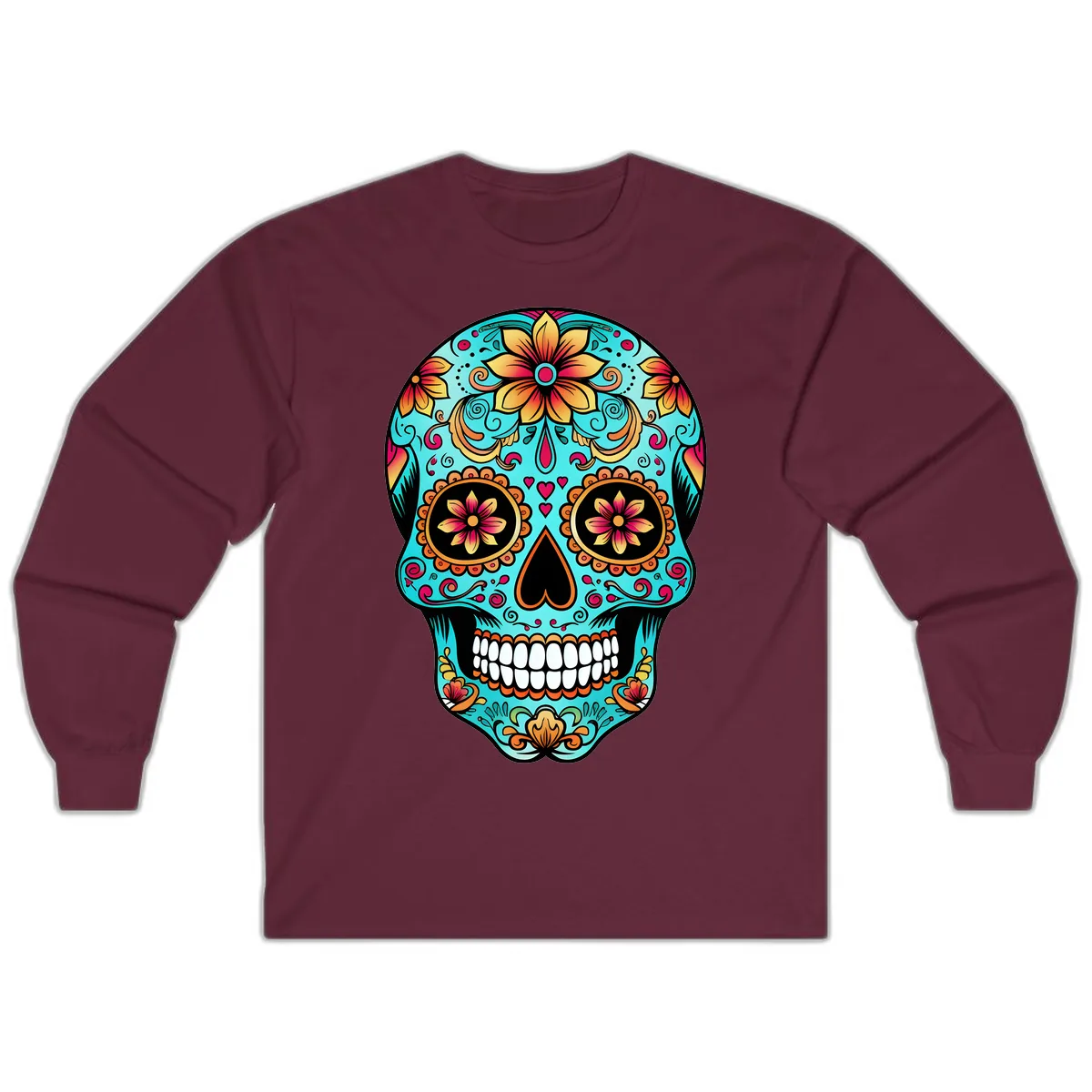 Ornate Floral Calavera Day of the Dead Skull Long Sleeve in Maroon