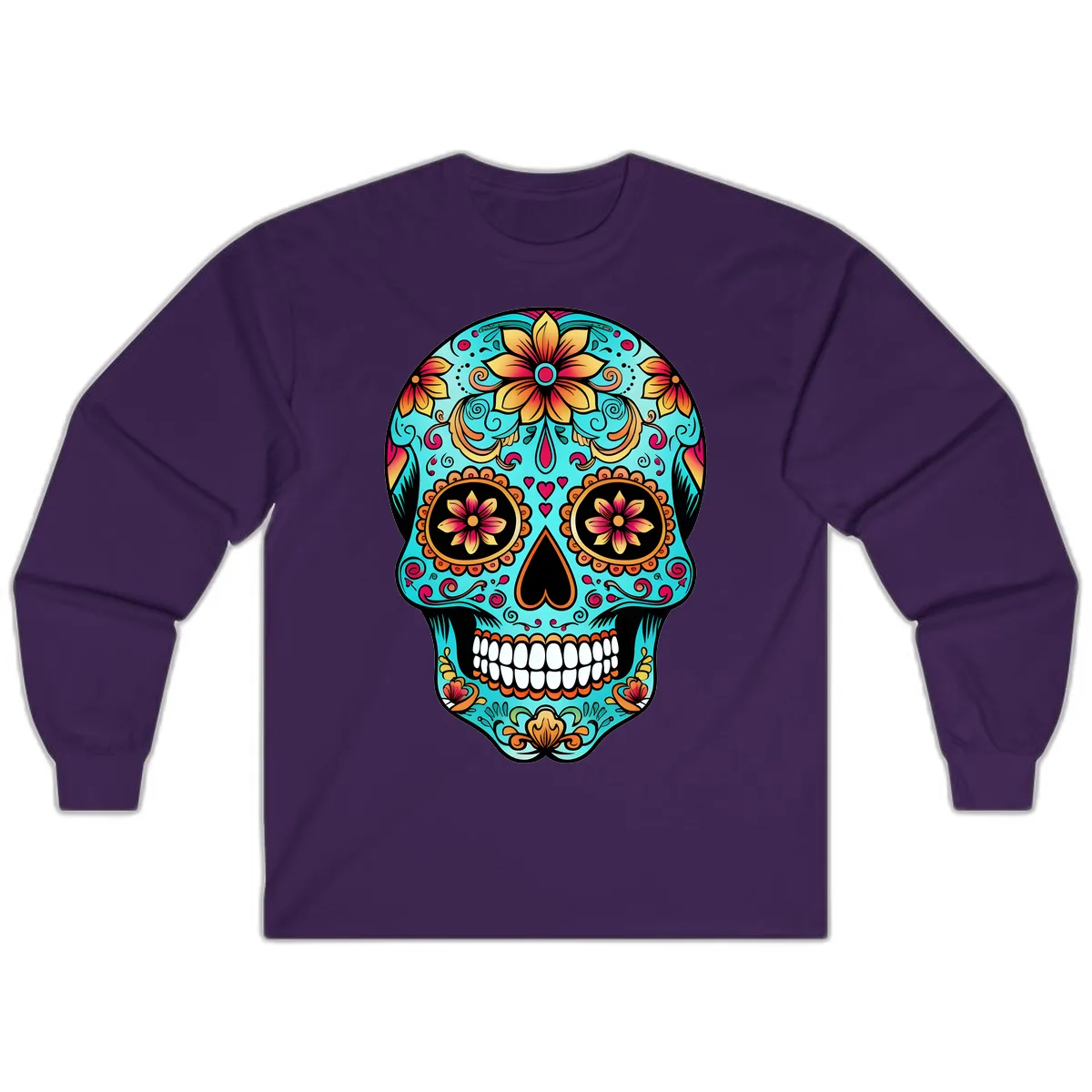 Ornate Floral Calavera Day of the Dead Skull Long Sleeve in Purple