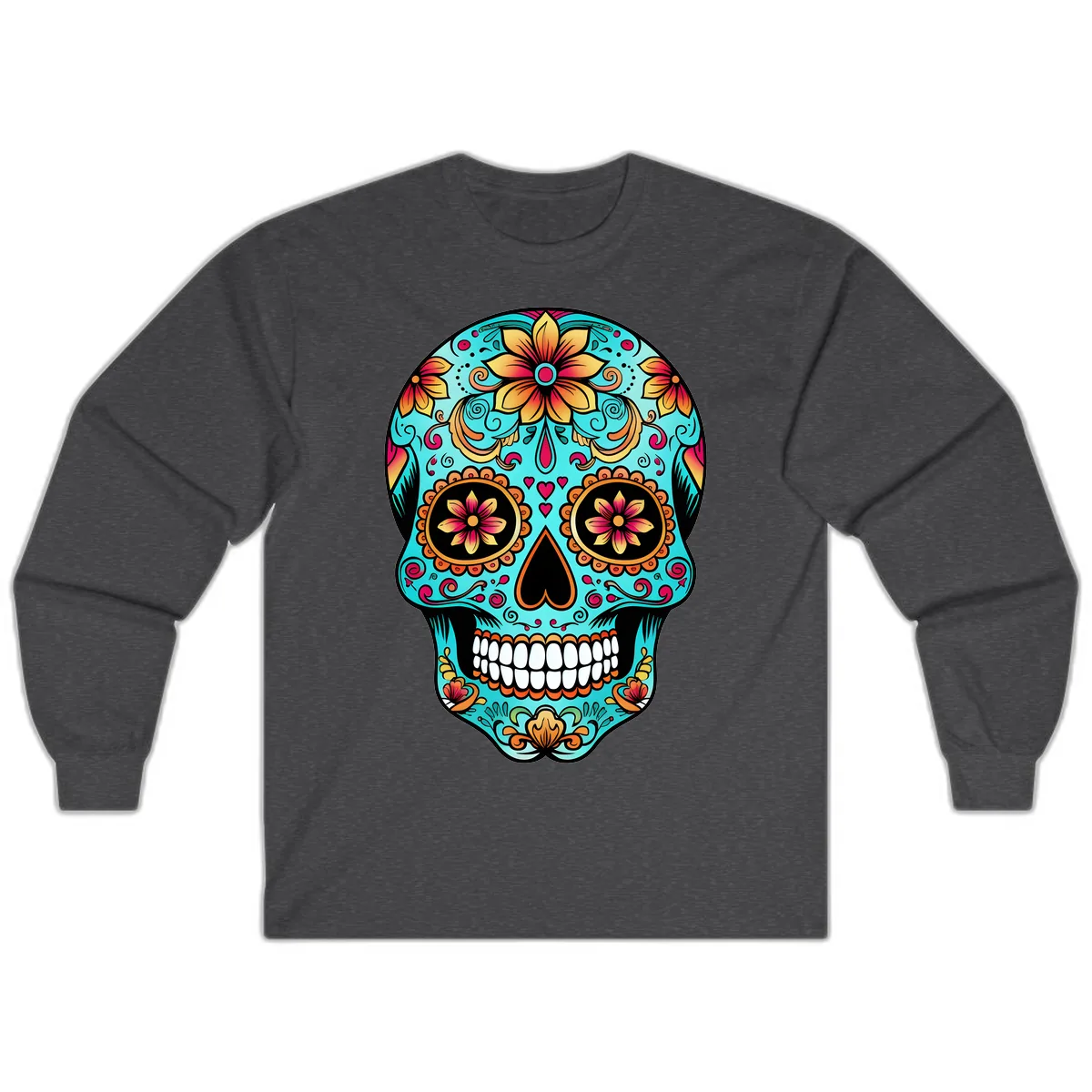 Ornate Floral Calavera Day of the Dead Skull Long Sleeve in Dark Heather