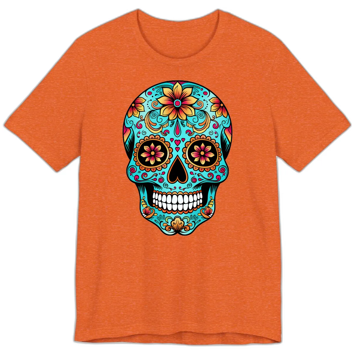 Ornate Floral Calavera Day of the Dead Skull Premium T-Shirt in Heather Orange