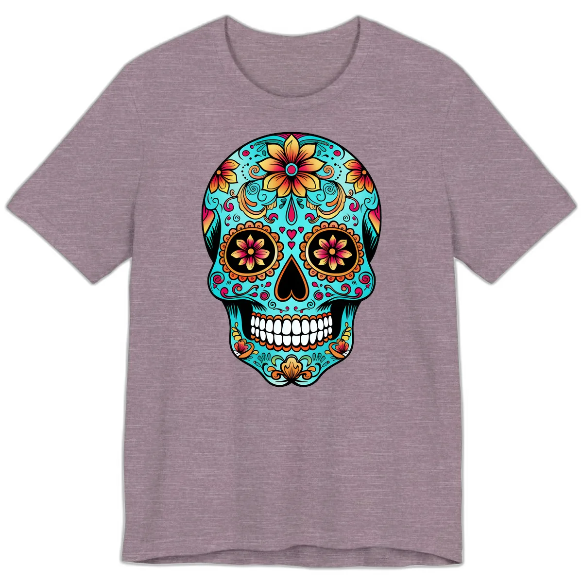 Ornate Floral Calavera Day of the Dead Skull Premium T-Shirt in Heather Purple