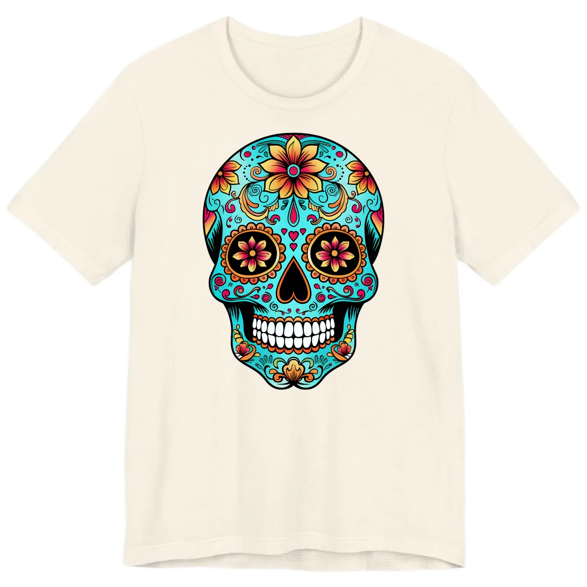 Ornate Floral Calavera Day of the Dead Skull Premium T-Shirt in Natural