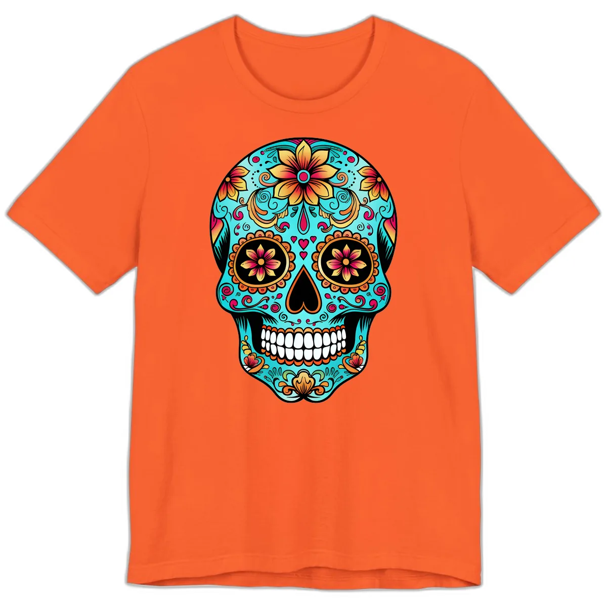 Ornate Floral Calavera Day of the Dead Skull Premium T-Shirt in Orange