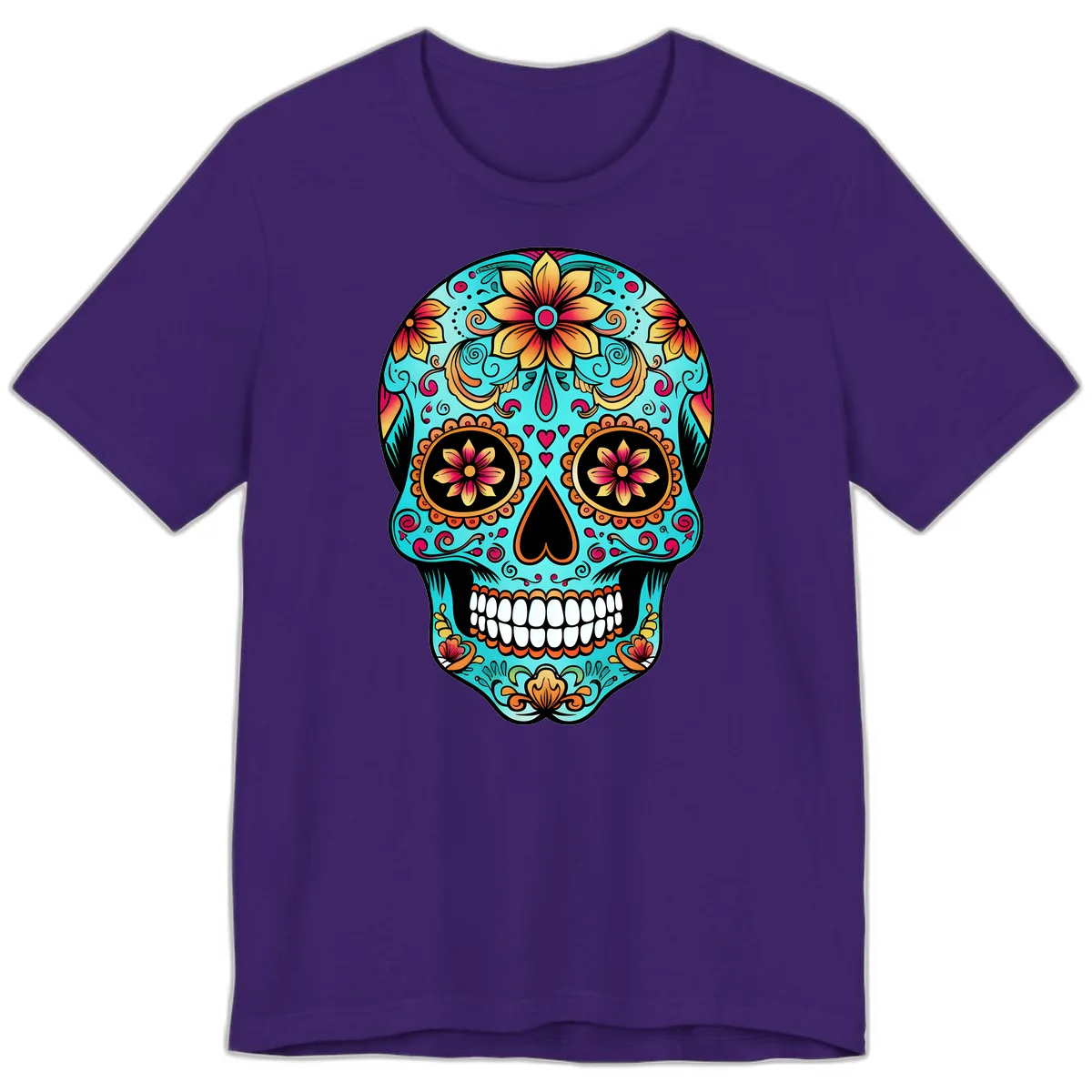 Ornate Floral Calavera Day of the Dead Skull Premium T-Shirt in Team Purple