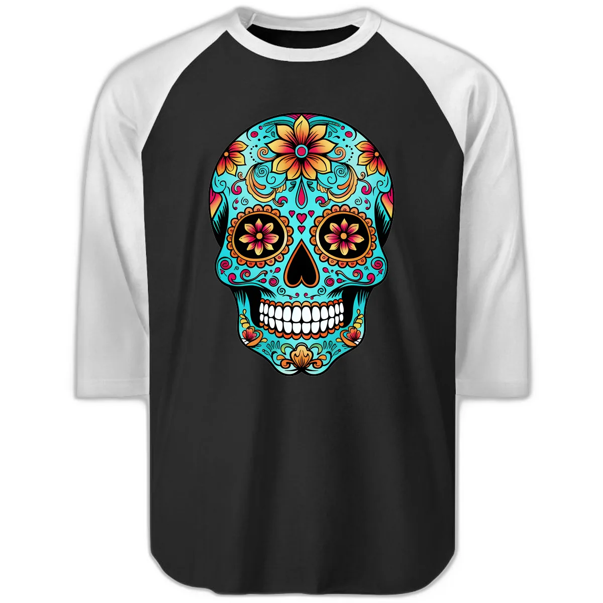 Ornate Floral Calavera Day of the Dead Skull Raglan 3/4 in Black White