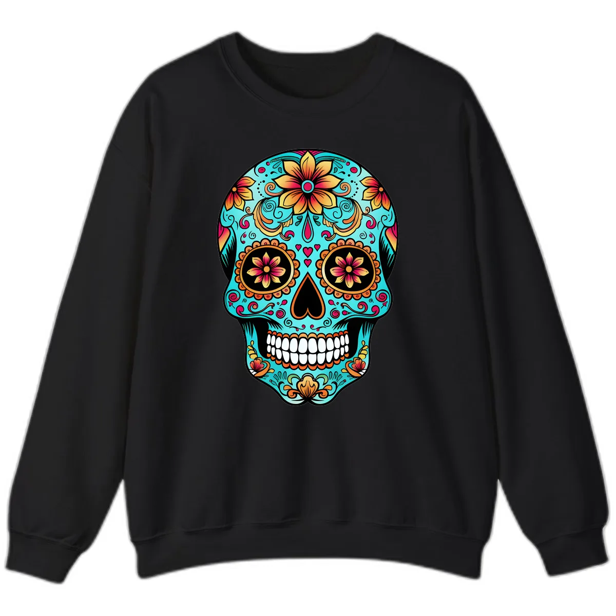 Ornate Floral Calavera Day of the Dead Skull Sweatshirt in Black