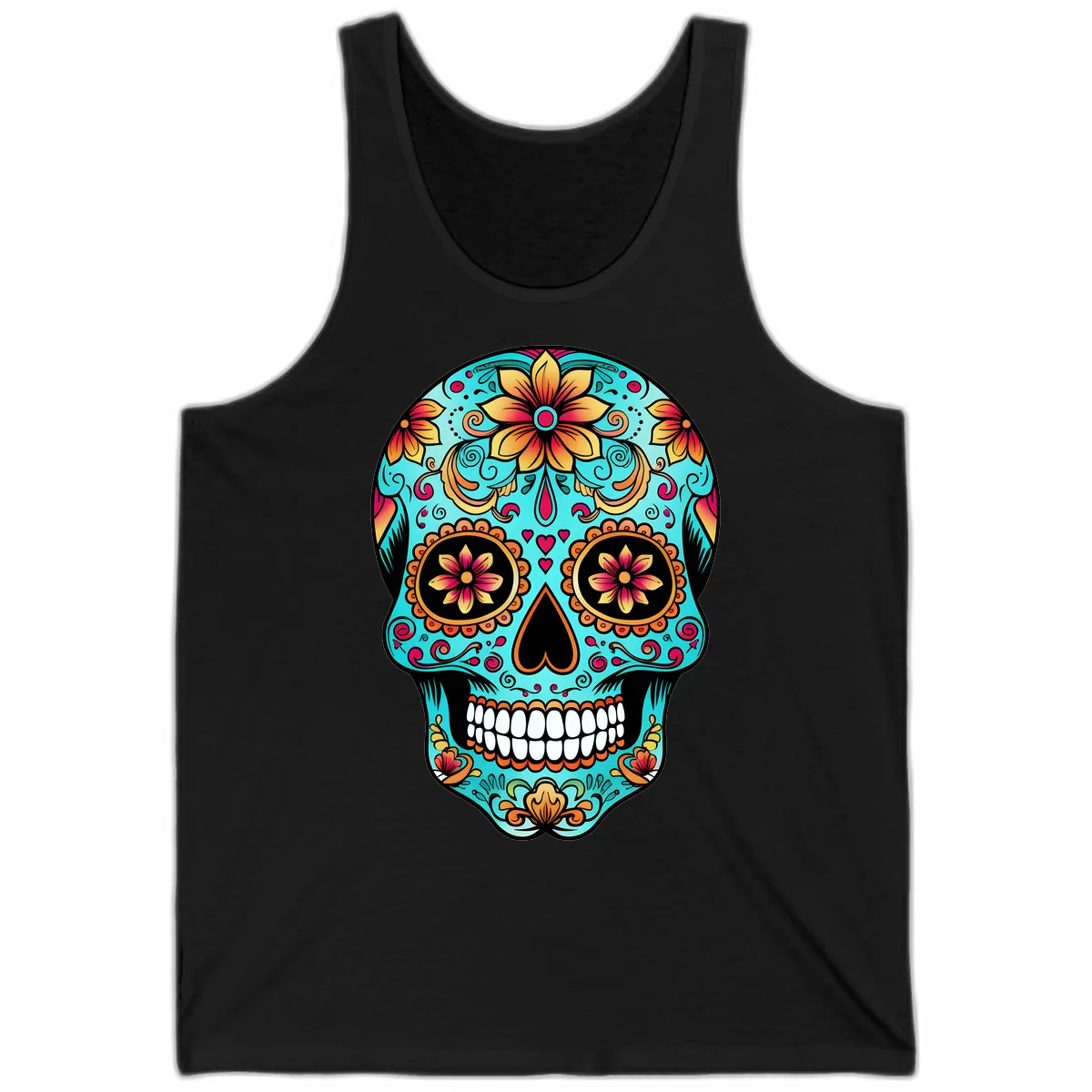 Ornate Floral Calavera Day of the Dead Skull Tank in Black
