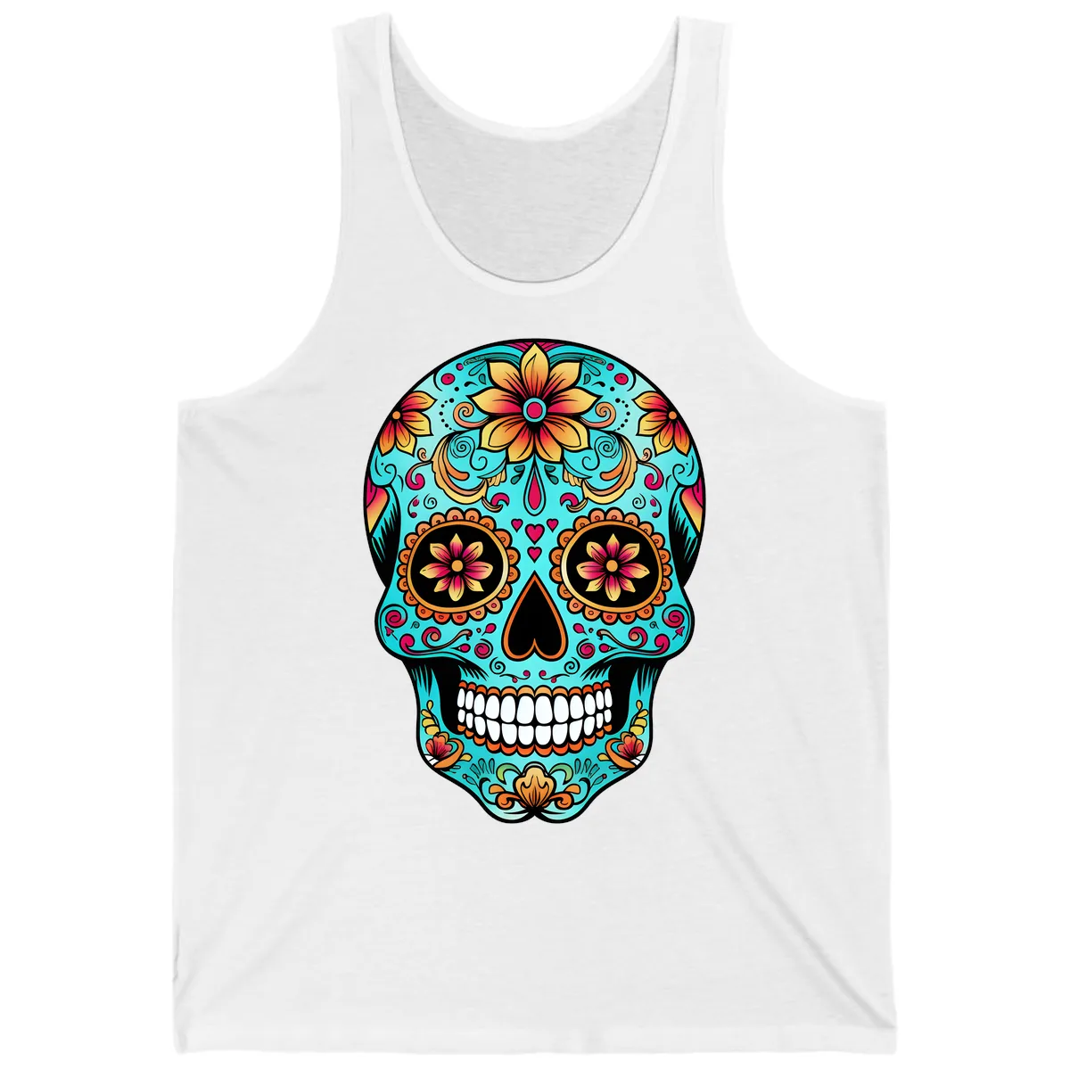 Ornate Floral Calavera Day of the Dead Skull Tank in White