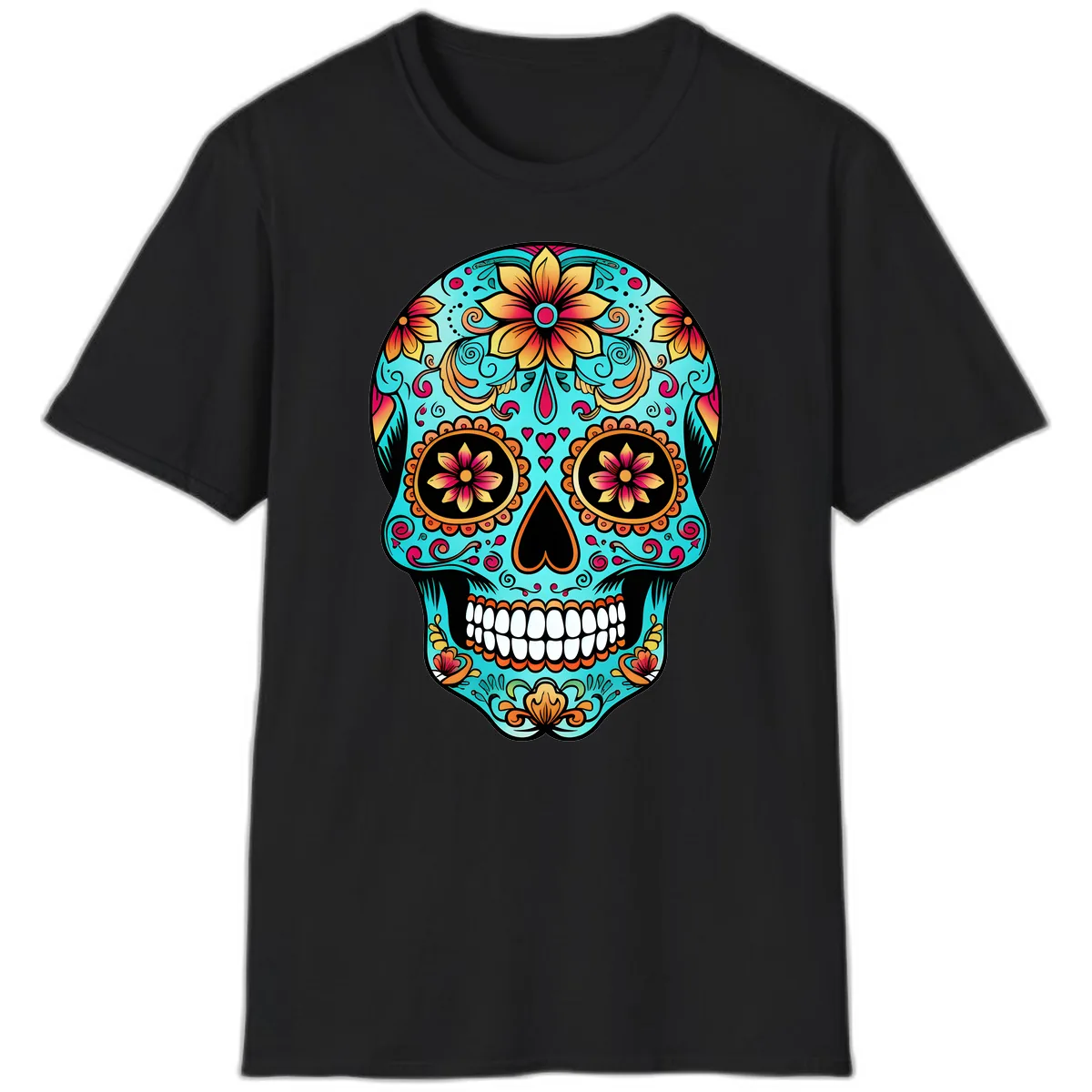 Ornate Floral Calavera Day of the Dead Skull T-Shirt in Black