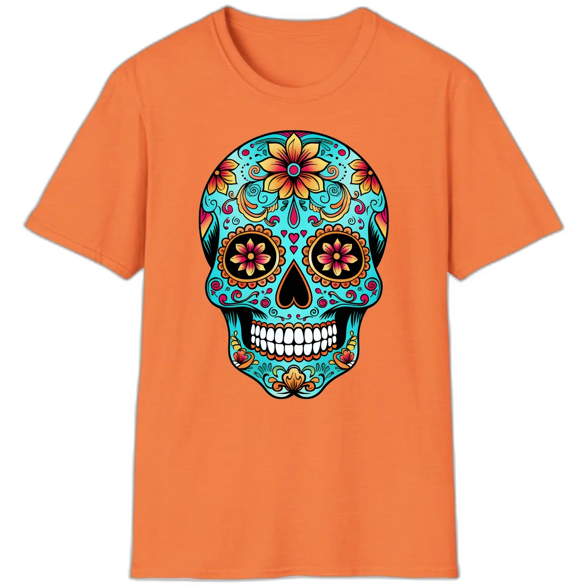 Ornate Floral Calavera Day of the Dead Skull T-Shirt in Heather Orange