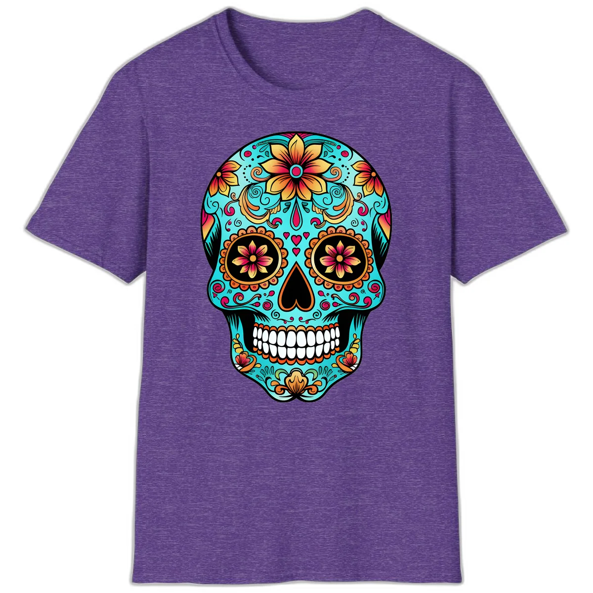 Ornate Floral Calavera Day of the Dead Skull T-Shirt in Heather Purple