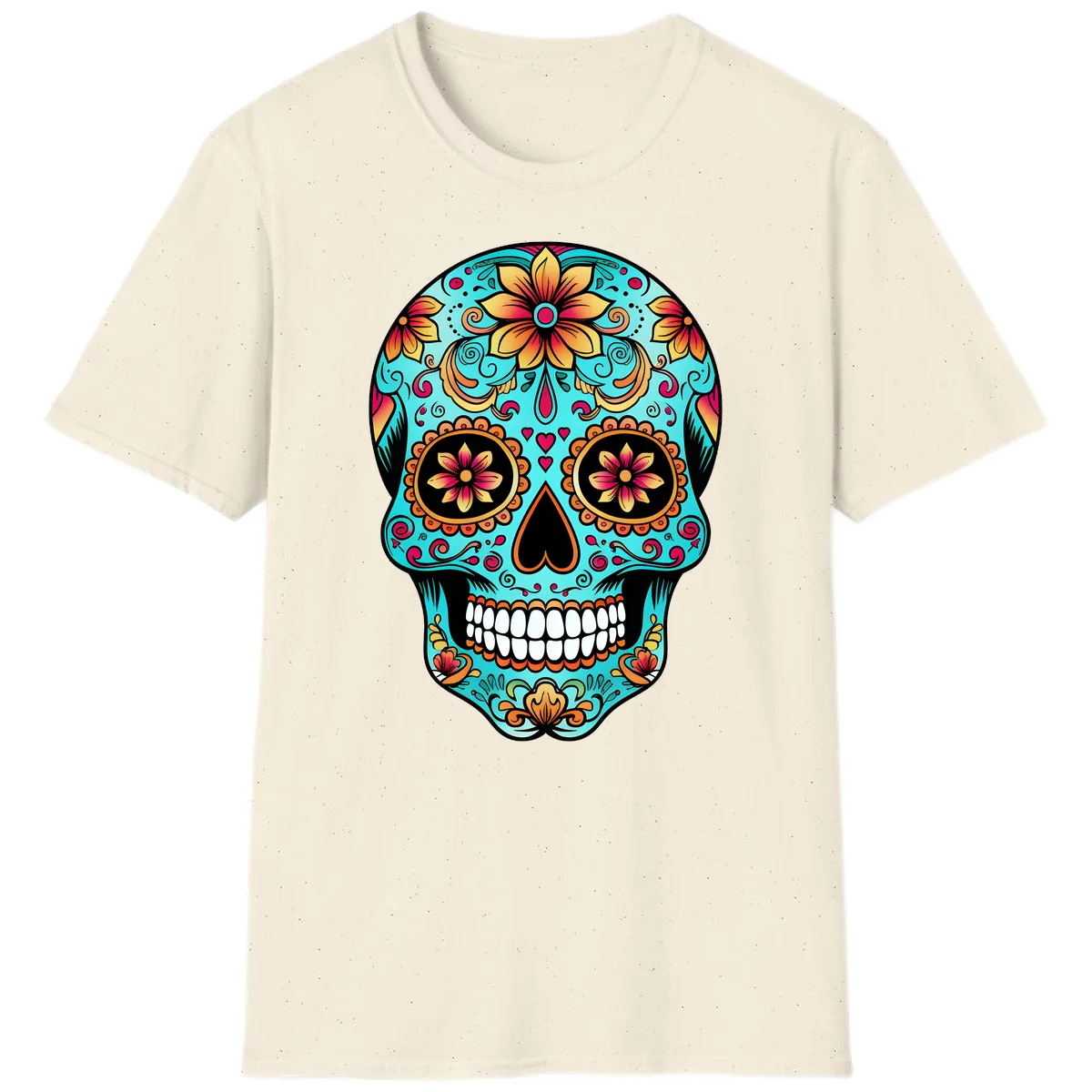 Ornate Floral Calavera Day of the Dead Skull T-Shirt in Natural