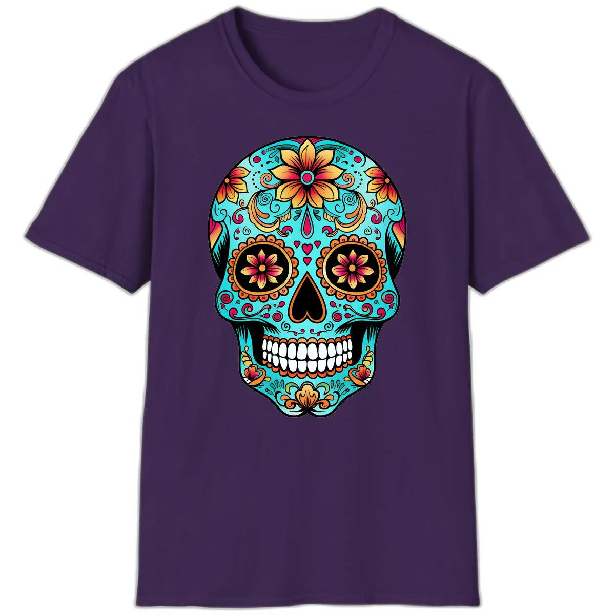 Ornate Floral Calavera Day of the Dead Skull T-Shirt in Purple