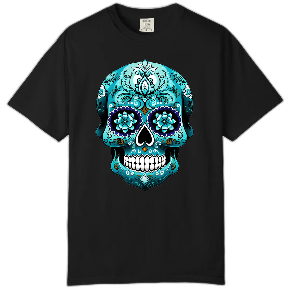 Ornate Teal Calavera Skull with Flowers Comfort Color in Black